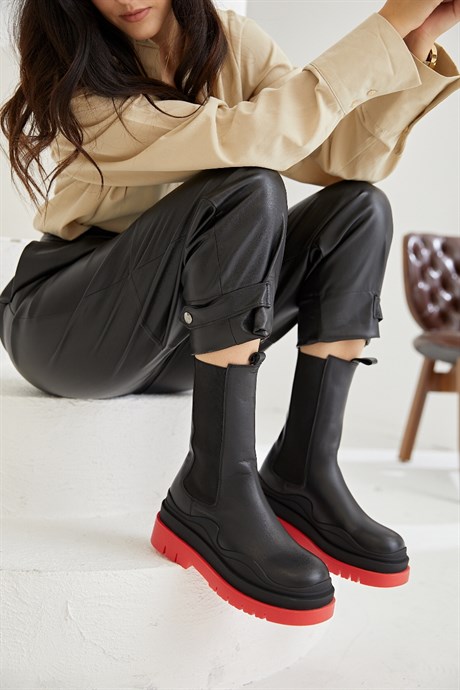 Gloria Women's Black Leather Boots With Red Thick Sole