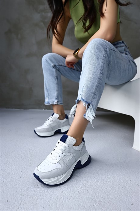 Luiza Beyaz/Lacivert Hakiki Süet Kadın Sneaker