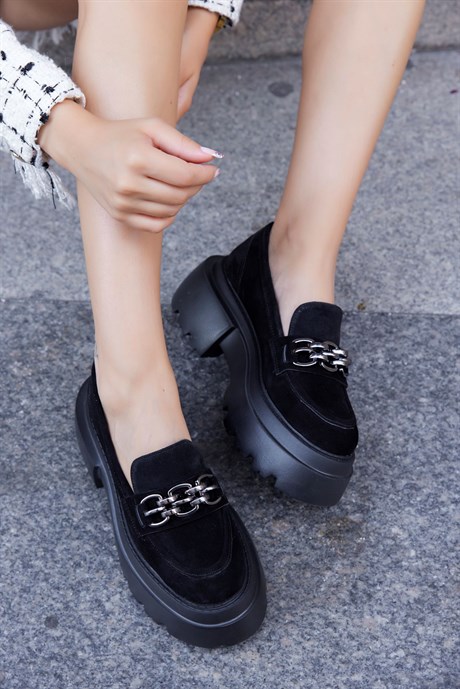 Margarita Black Suede Thick Soled Women's Loafers
