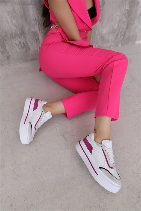 Mika Beyaz Fuşya Kombinasyonlu Hakiki Deri Bağcıklı Kadın Sneaker
