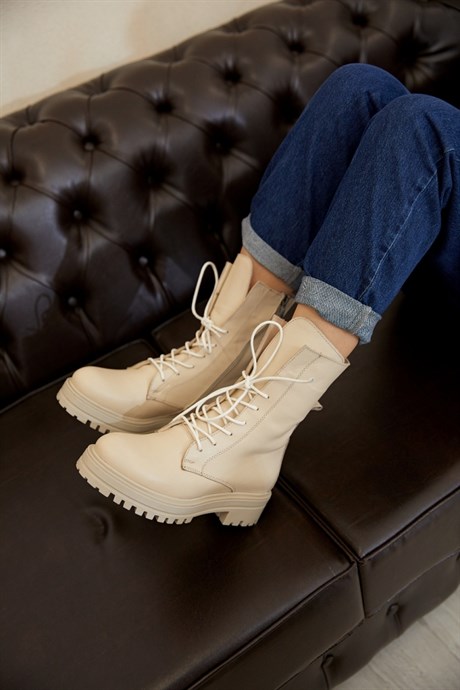 Milano Women's Beige Leather Laced Boots