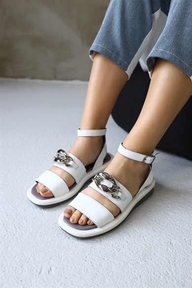 Lera White Leather Silver Chain Accessory Sandals