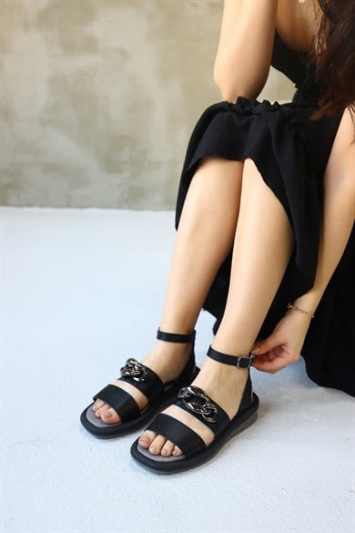 Lera Black Leather Silver Chain Accessory Sandals