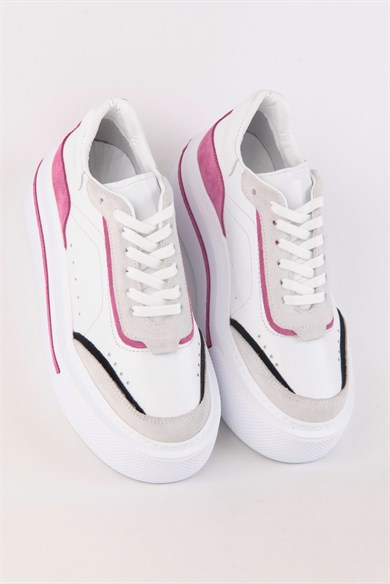 Mika Beyaz Fuşya Kombinasyonlu Hakiki Deri Bağcıklı Kadın Sneaker