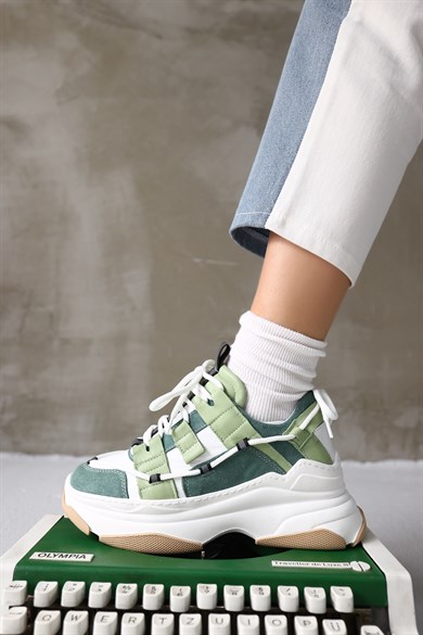 Otilia Beyaz/Yeşil Hakiki Deri Kalın Tabanlı Kadın Sneaker