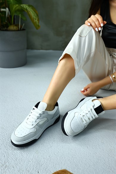 Vontex Beyaz/Siyah Hakiki Deri Kadın Sneakers
