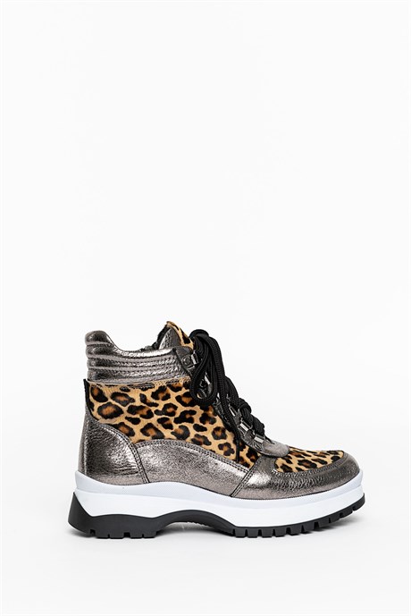 Tiger Women's Grey Leather Leopard Print Boots